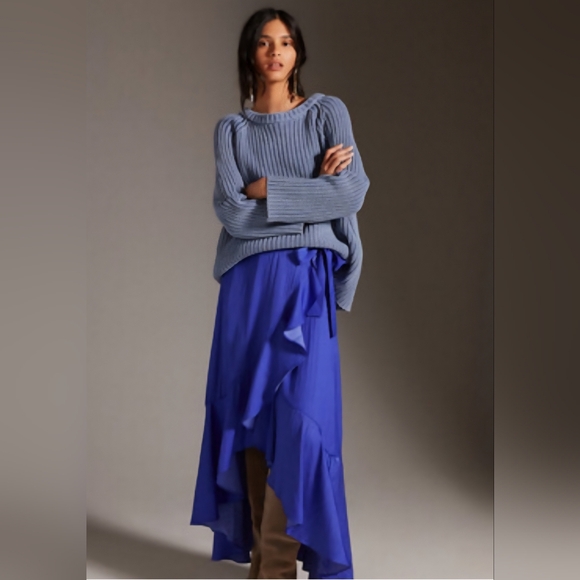 Anthropologie Dresses & Skirts - Anthropologie Elegant Blue Silky Wrap‎ Skirt Asymmetrical Ruffle Hem Peasant